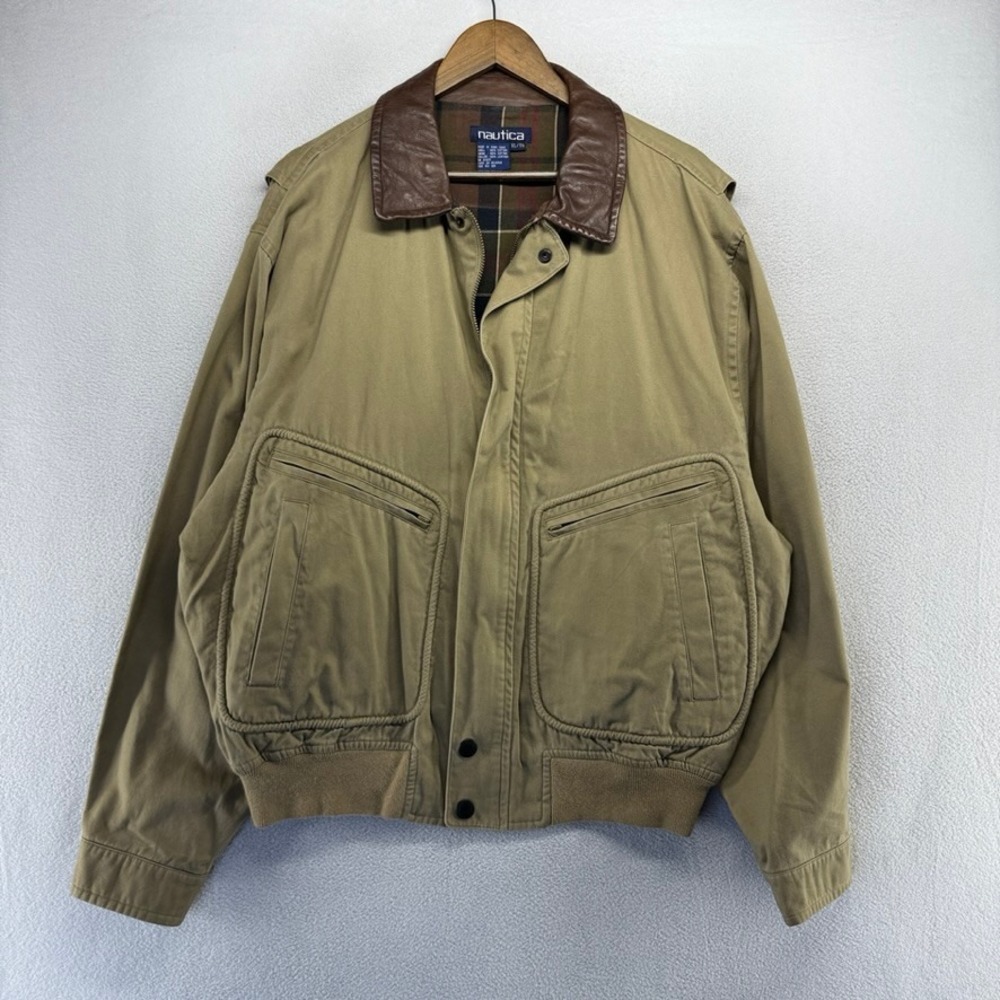 Vintage Nautica Bomber Jacket Mens XL Tan Leather Collar Plaid Lined Flight 90s